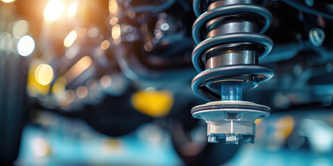 Close-Up of Car Suspension System. Close-up view of a car shock absorber and spring assembly. - obrazy, fototapety, plakaty