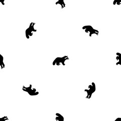 Seamless pattern of repeated black raccoon symbols. Elements are evenly spaced and some are rotated. Illustration on transparent background