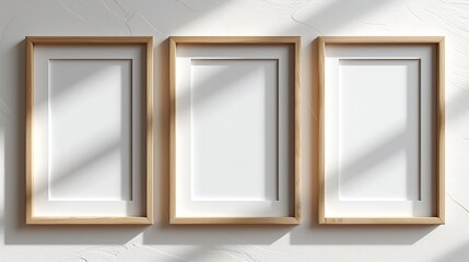 Several blank wooden photo frame mockup with sunlight and shadow backdrop, Generative AI.