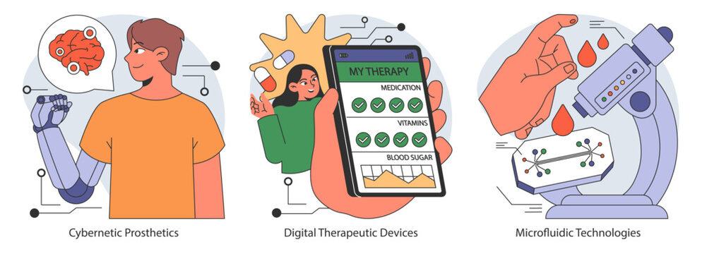 Healthcare innovation trio. Showcasing cybernetic prosthetics, digital therapy apps, and microfluidic tech. Bridging technology with medicine. Flat vector illustration.
