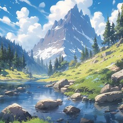 Breathtaking Panorama of Morning Wild Nature High in Mountains, Generative ai.