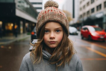Portrait of a cute little girl in a hat on the street