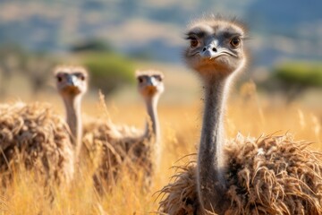 African ostrich family roaming the vast savanna landscape during an exciting safari adventure