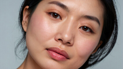 Fototapeta premium Beauty portrait of mid age old Asian woman on bright white background