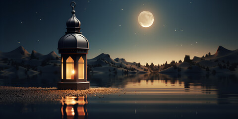  A lantern floating in the ocean with the moon in the background Lantern with night light background for the Muslim feast of the holy month of Ramadan Kareem background  
   