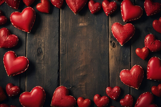 Carved red hearts on a dark wooden plank surface. Rustic Valentine's Day wallpaper. 