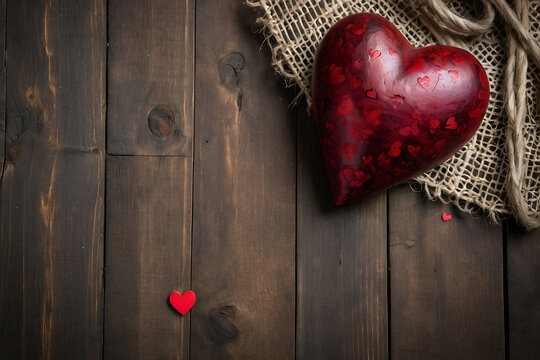 Rustic Valentine's Day background featuring a big red heart carved from wood and a vintage burlap sack on dark wooden planks. Vintage romantic wallpaper.