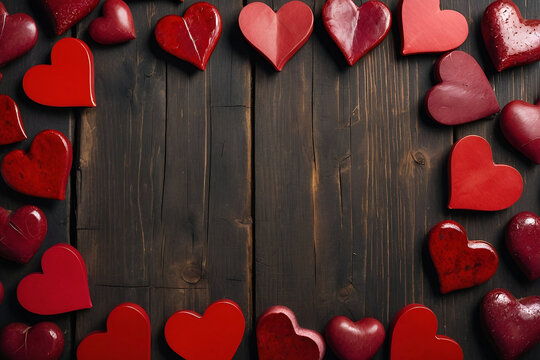 Top view of red hearts on a dark wooden plank surface. Rustic Valentine's Day background wallpaper with copy space.