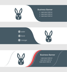 Set of blue grey banner, horizontal business banner templates. Banners with template for text and cute hare head symbol. Classic and modern style. Vector illustration on grey background