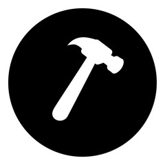 A hammer symbol in the center. Isolated white symbol in black circle. Illustration on transparent background