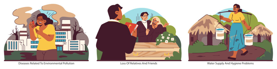 Environmental and social dilemmas set. Vectors illustrate the toll of pollution on health, the grief from loss, and the struggle for clean water. Flat vector illustration. © inspiring.team