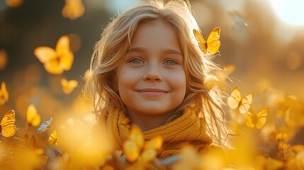 Fototapeta premium Girl Surrounded by Butterflies in Sunlight