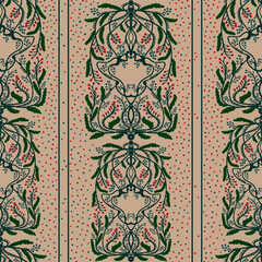 Wild grass pattern with berries, symmetrical, textured, hand drawn. Vector seamless pattern.