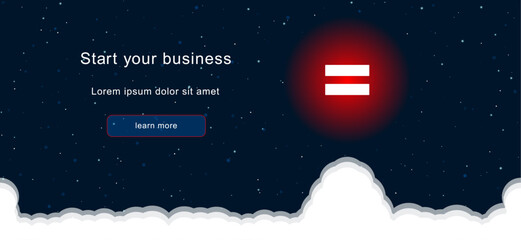 Business startup concept Landing page screen. The equals symbol on the right is highlighted in bright red. Vector illustration on dark blue background with stars and curly clouds from below