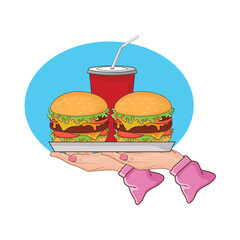 burger, cup drink in tray with in tray illustration