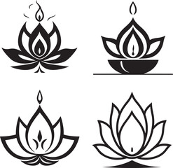 diwali diya with lotus flower icon vector set