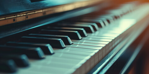 Close-up of Piano Keys. Sunlight on piano keys in a close-up view. Nobody, wallpaper for music background.
