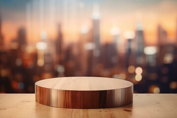 Blurred city background with wooden table top. Generative AI