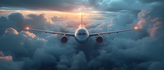 airplane in the sky at sunset, Adventures in Airborne Travel - Witness the Graceful Dance of an Aircraft Amidst the Billowing Clouds