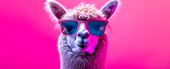 Cartoon colorful lama with pink sunglasses on bright background - obrazy, fototapety, plakaty