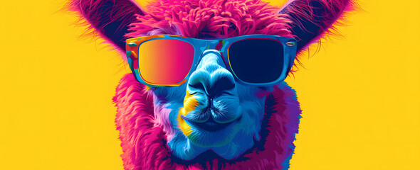 Fototapeta premium Cartoon colorful lama with pink sunglasses on bright background