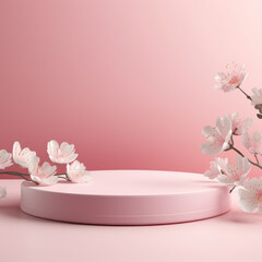 Fresh lush pink sakura flowers on branch with cylinder podium mockup in soft light white interior on table in floral spring style for presentation cosmetic products
