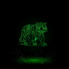 A large green outline tiger symbol on the center. Green Neon style. Neon color with shiny stars. Vector illustration on black background