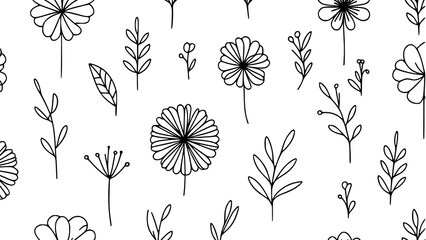 seamless pattern cute minimalist flowers line art