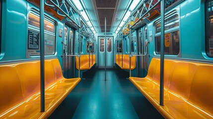 Standpoint from within a plain, hued subway car with seats and big copy space, Generative AI. - obrazy, fototapety, plakaty