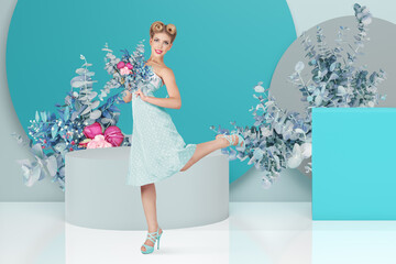 A beautiful blonde woman, adorned in a retro-style dress and hairdo, striking a pose in a studio adorned with flowers. Perfect for vintage fashion or nostalgic concepts