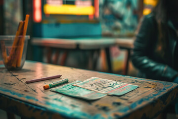 A lottery ticket lying on a table at the lottery station.