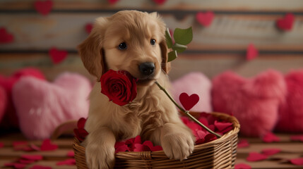 Golden retriever puppy in a basket with flowers at Valentine's day