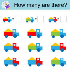 Math activity for kids. Developing numeracy skills. Cartoon truck.