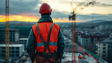 Sundown snapshot of a construction worker's back side draped in a safety uniform and space, Generative AI.