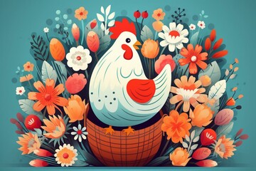 Illustration: Easter card with hen, chick, flowers, eggs in basket in a Pixar-style cartoon. Generative AI