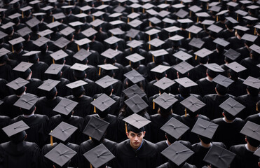 Man looking back at college graduation