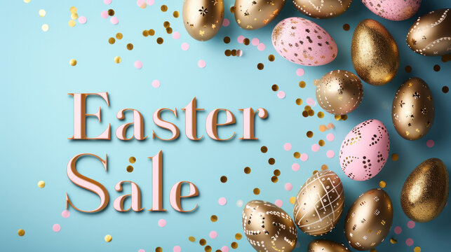 Sale Banner,Blue Background With Gold and Pink Easter Eggs