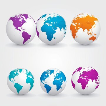 Detailed Vector Icon of White 3D Globes with Colorful Continents