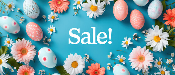 Sale Banner, Blue Background With Flowers and Eggs