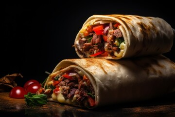 Delicious shawarma with copy space, appetizing middle eastern cuisine, tasty pita wrap sandwich