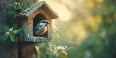 Serene Bird at wooden Birdhouse Entrance. A bird perches calmly at the entrance of a wooden birdhouse amidst lush foliage, copy space. © SnowElf