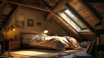 Obraz na płótnie Canvas Cozy Attic Bedroom with Exposed Beams & Skylight