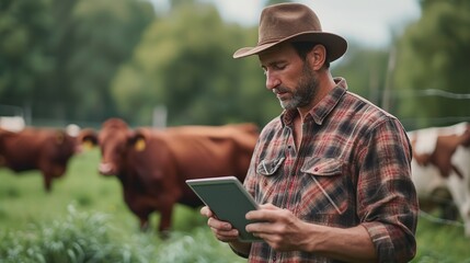 The tech-savvy, hip farmer on the ranch deploys a tablet to effectively monitor protocols space, Generative AI. - obrazy, fototapety, plakaty