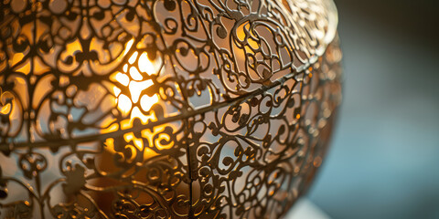 Vintage Openwork Table Lamp Illuminating Room. Antique styled lamp casting ornate shadows on wall.