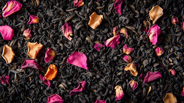 Dark tea leaves and vibrant rose petals scattered artistically. textured backdrop for wellness and aromatherapy. natural, organic materials close-up. AI