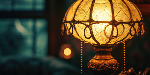 Fototapeta na wymiar Vintage Openwork Table Lamp Illuminating Room. Antique styled lamp casting ornate shadows on wall.