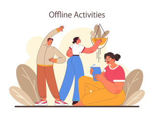 Digital detox. Character practicing mindfulness, reducing screen time, and enjoying tech-free zones. Disconnected or turned off gadget. Balanced life and mental health. Flat vector illustration
