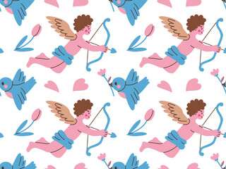 Valentine's day vector hand drawn seamless pattern. Heart, flower, angel, bird. Flat vector illustration.