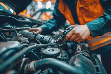 Obraz premium Auto mechanic working on car broken engine in mechanics service or garage