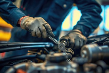 Auto mechanic working on car broken engine in mechanics service or garage